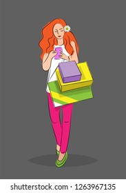 Girl with colored gift bags holding a smartphone. Sketch. Isolate on a gray background. Vector illustration