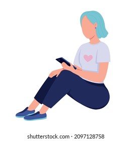 Girl with colored hair looks at phone semi flat color vector character. Full body person on white. Youth subculture isolated modern cartoon style illustration for graphic design and animation