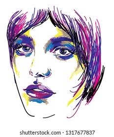 
A girl with colored hair. Modern girl with makeup. Multicolored drawing with markers. Long eyelash, gentle look. Freehand drawing.