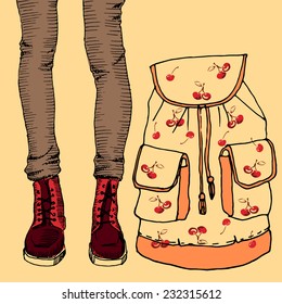 Girl in colored jeans with backpack, vector