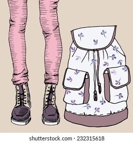 Girl in colored jeans with backpack, vector