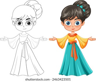 Girl in colorful dress with outline version
