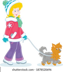 Girl In Colorful Winter Clothes Walking Her Small Shaggy Dog, Vector Cartoon Illustration On A White Background