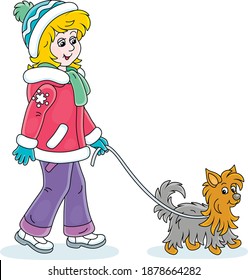 Girl In Colorful Winter Clothes Walking Her Small Shaggy Dog, Vector Cartoon Illustration On A White Background