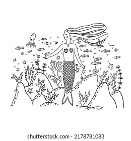 Girl coloring book isolated on white background. Outlined beautiful water world. Mermaid for antistress isolated on white background. Vector illustration ocean