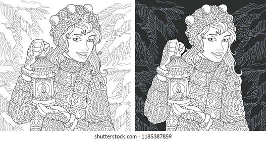 Girl. Coloring Page. Coloring Book. Colouring picture with snowy forest drawn in zentangle style. Antistress freehand sketch drawing. Vector illustration.