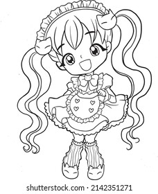 Girl coloring page cute kawaii manga line art doodle cartoon