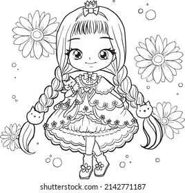 Girl Coloring page kawaii style cute anime cartoon drawing