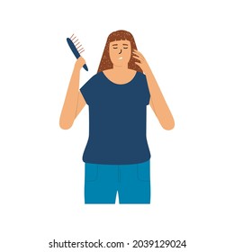 A girl with a comb in her hand suffers from dandruff. Development of seborrheic dermatitis on the scalp. Vector illustration in flat style