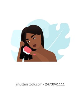 Girl combing hair after drying and washing in home bathroom vector illustration