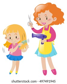 Girl combing hair and mother with blow dryer illustration