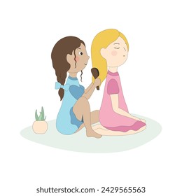 Girl is combing her friend. Blond and brunette.
Children. Cute illustration. Vector texture. Greeting card. Icon. Blue and pink dress. Plant. Friendship.
Happy.