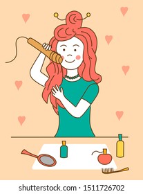 chica peinando su pelo por el espejo. ilustración vectorial