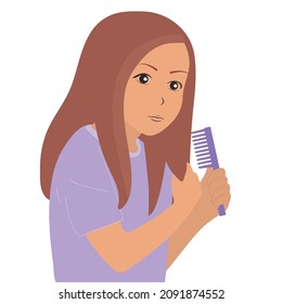 The girl is combing her hair, holding a lock of brown hair in her hand. Vector, flat, white background.