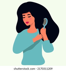 girl combing her long hair. flat Concept of Beauty, Hair care , hair health. Woman hairstyle by comb. isolated Vector cartoon illustration