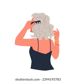 Girl combing wavy hair, back view vector illustration. Cartoon isolated curly woman holding wide tooth comb to care and to groom waves and strands, morning styling of female character in bathroom