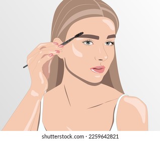 The girl combs her eyebrows. She is going to apply the paint on her eyebrows. Professional make-up and face care. Vector, illustration.	