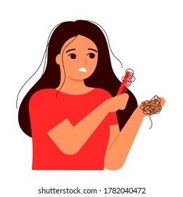 Girl Combs Her Hair, Hair On Comb, Fall. Hair Loss, Baldness Concept. Woman's Thin Hair Is Associated With Problem, Stress, Hormones, Nutrition. Vector Illustration