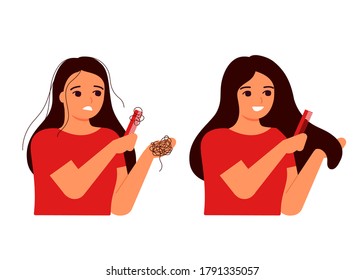Girl combs her hair, hair on comb, fall. Hair loss, baldness, fragility, alopecia concept. Before and after. Woman s thin hair is associated with problem, stress, hormones, nutrition. Vector flat