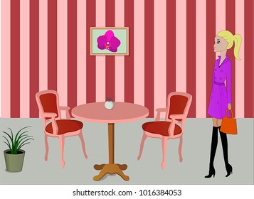 the girl comes into the cafe