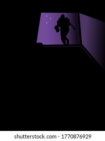 The girl comes out of the dark basement into the light. Vector illustration.