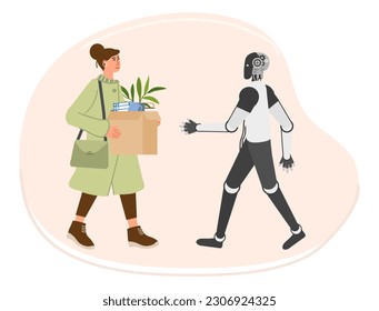 Girl comes to work with box. Robot meets, stretches out her hand to greet. People Worker Recruitment. Cooperation, joint work. Office concept. Hire at job. Artificial intelligence Vector illustration