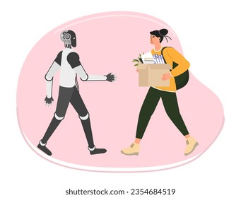 Girl comes to work with box. Robot meets, stretches out her hand to greet. People Worker Recruitment. Cooperation, joint work. Office concept. Hire at job. Artificial intelligence Vector illustration