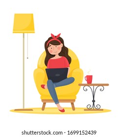 The girl in a comfortable chair works at the computer. Remote work. Vector illustration.