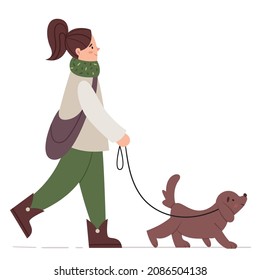 A girl in comfortable clothes is walking the dog. Walk in the park. Pets. Brown dog on a leash.