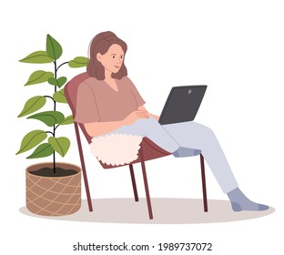 The girl in comfortable clothes works at the laptop. Illustration in pastel colors. The concept of work from home. The big plant in an interior.