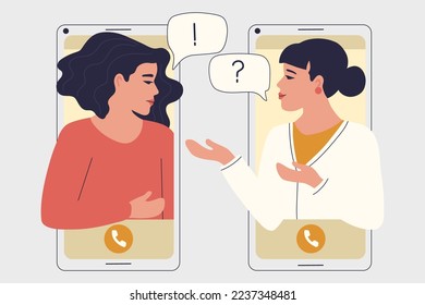 The girl comforts her friend on the phone and helps to find answers to life's questions. Counseling people who are stressed and depressed about online services. Online therapy concept. Vector