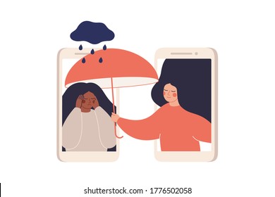 Girl comforts her sad friend over the phone. Woman supports female with psychological problems. Online therapy and counselling for people under stress and depression over online services. Vector