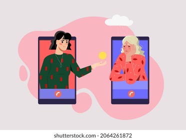 Girl comforts her sad friend over phone concept. Woman supports and calms loved one at distance. Help in solving psychological problems and improving emotional state. Cartoon flat vector illustration