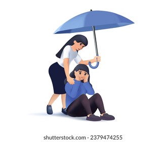 Girl comforts her sad friend over the umbrella 3D illustration. Woman supports female with psychological problems. Online therapy and counselling for people under stress and depression over online