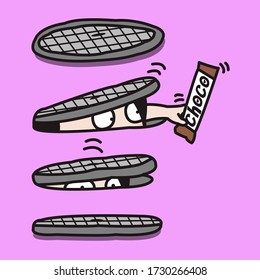 Girl Coming Out Of Open Sewer Manhole Stealing A Piece Of Nice Chocolate Bar Concept Card Character illustration