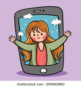 Girl coming out of phone giving hug virtually