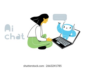 Girl communicates with artificial intelligence on laptop. Vector hand drawn illustration.