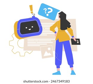 A girl communicates with a chat bot using a language model. Artificial intelligence in education, work and information analysis. Modern search technologies. Cute robot. Vector flat illustration.