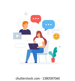 Girl communicates with the guy through the Internet icon, illustration. Smartphones tablets user interface social media.Flat illustration Icons infographics. Landing page site print poster. Eps vector