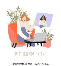 Girl communicates with her friend using an application on a laptop and drinks wine. Online communication concept. Vector illustration in a flat style.