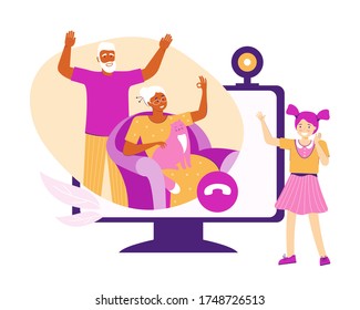 Girl communicates with her grandparents via a video call. An elderly couple talks with their granddaughter via the Internet. Technology and communication between relatives. Vector flat illustration