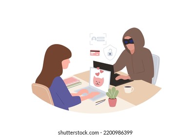 The girl communicates with the Internet liar and thief. Cyber security concept. Vector illustration in modern style.