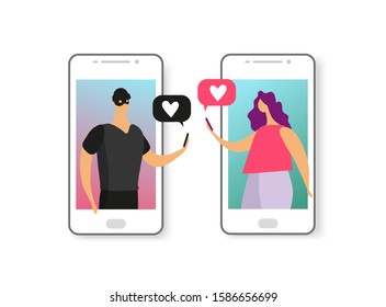 The girl communicates on the phone with a scammer. Concept illustration of online fraud, online dating, cybercrime. Cartoon illustration isolated on white.