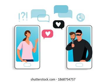 The Girl Communicates On The Phone With A Scammer. Concept Illustration Of Online Fraud, Online Dating, Cybercrime. Cartoon Illustration Isolated On White.