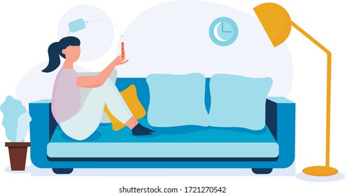 The girl communicates on Skype . Communication via the Internet.The conversation on video. Woman is sitting on the sofa holding a phone. Technologies. Quarantine isolation of the coronavirus. Vector.