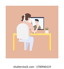 Girl communicates online with a guy. Vector illustration