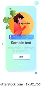 girl communicating in instant messenger by voice messages audio chat application social media online communication