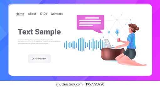 girl communicating in instant messenger by voice messages audio chat application social media online communication