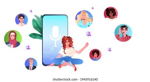 girl communicating with mix race friends by voice messages audio chat application social media online communication