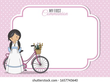 Girl communion card. Girl with bicycle. Frame with space for text